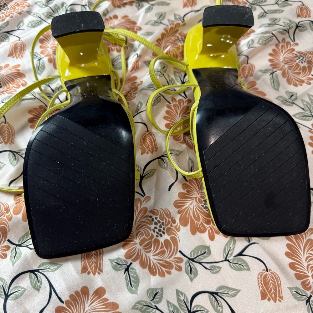 Zara Neon Yellow Strappy Square-Toe Heels - Picture 5 of 7